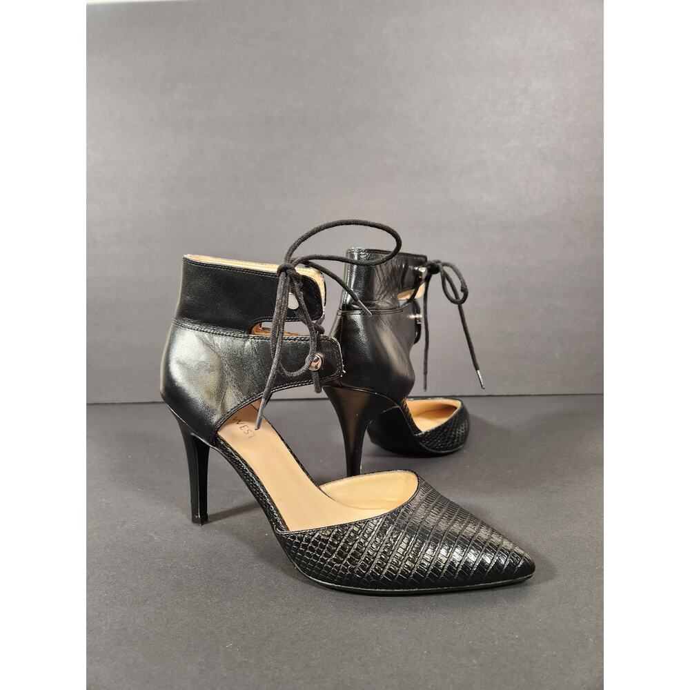 NINE WEST The Limit Lace Up Ankle Strap Stiletto Heels Womens 7M Black‎ Reptile